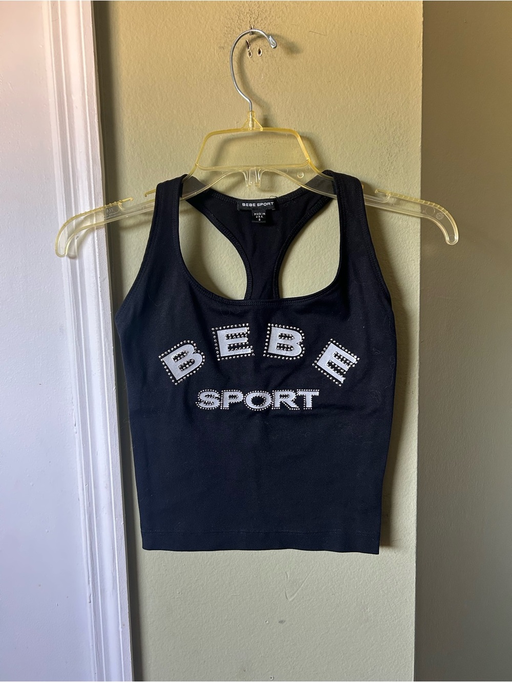 bebe Sport Black Racerback Crop Tank with Silver studded Logo Like New